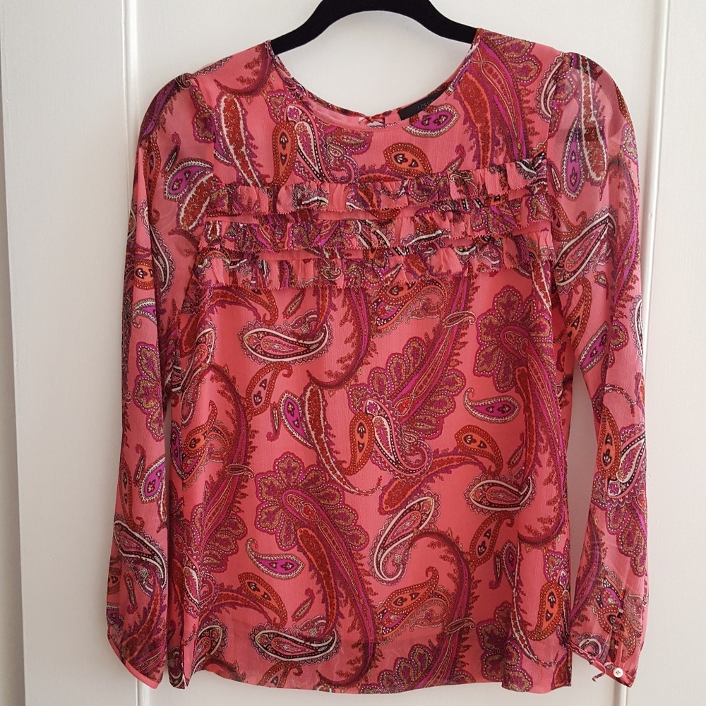 J Crew Ruffle Front Paisley Chiffon Top